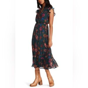 STEVE MADDEN Dark Green Multicolored Floral Ruffle Sleeveless Midi Dress